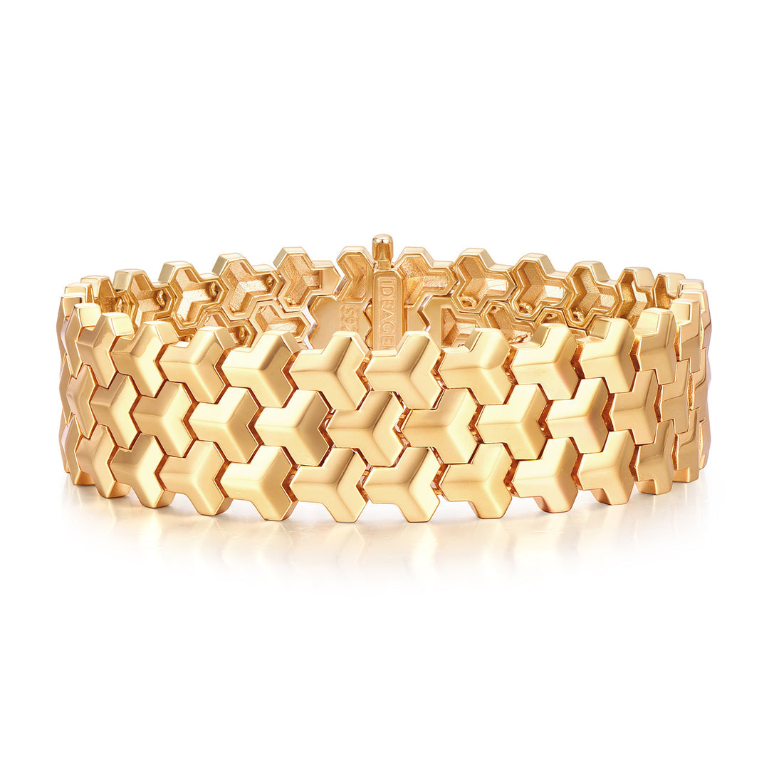22k Gold Plated, 3 Row, 18mm Wide Solid Armor Bracelet Studded with/without Swarovski Diamond | 999 Sterling Silver