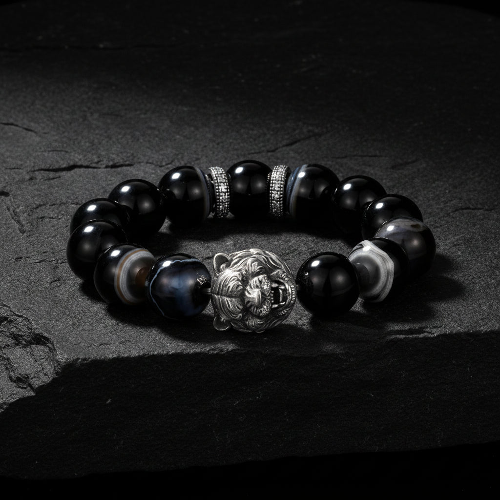 Vintage Oxidized Tiger Face Black Onyx Beads Bracelet | 925 Sterling Silver
