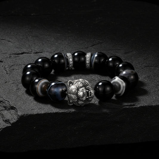 Vintage Oxidized Tiger Face Black Onyx Beads Bracelet | 925 Sterling Silver