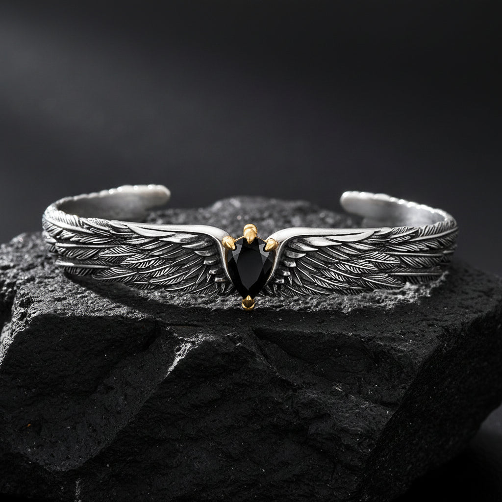 Adjustable 3D Eagle Bangle Bracelet with Natural Black Onyx Stone | 925 Sterling Silver