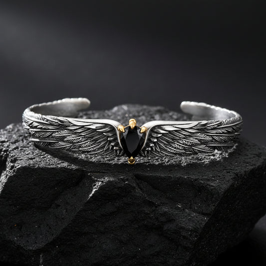 Adjustable 3D Eagle Bangle Bracelet with Natural Black Onyx Stone | 925 Sterling Silver