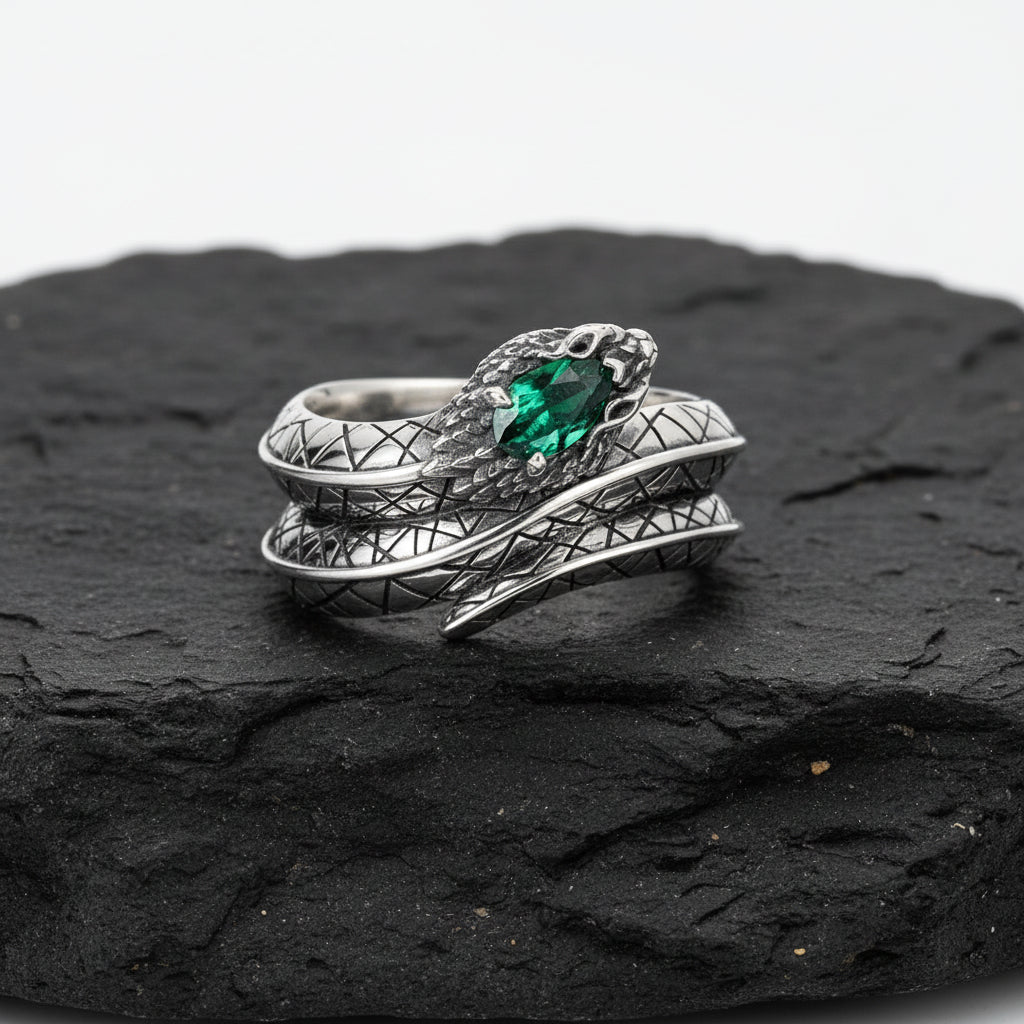 RARE PRINCE by CARAT SUTRA | Adjustable Unique Designed Snake Ring with Natural Emerald | 925 Sterling Silver Oxidized Ring | With Certificate of Authenticity and 925 Hallmark