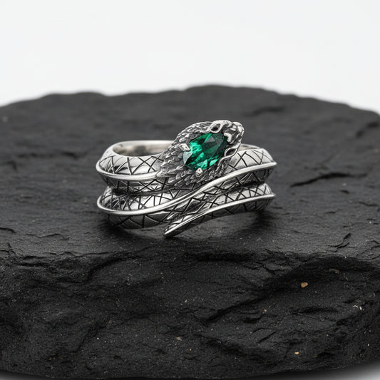 RARE PRINCE by CARAT SUTRA | Adjustable Unique Designed Snake Ring with Natural Emerald | 925 Sterling Silver Oxidized Ring | With Certificate of Authenticity and 925 Hallmark - caratsutra