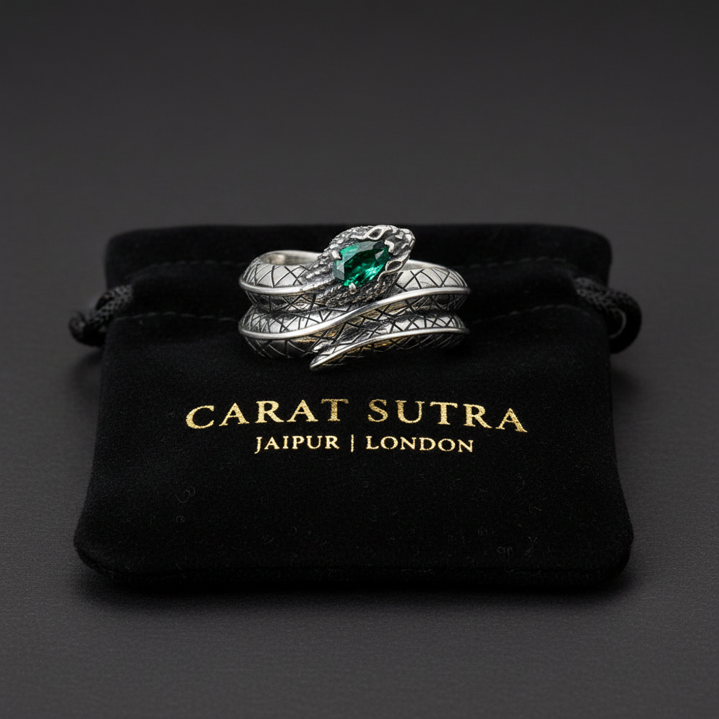 RARE PRINCE by CARAT SUTRA | Adjustable Unique Designed Snake Ring with Natural Emerald | 925 Sterling Silver Oxidized Ring | With Certificate of Authenticity and 925 Hallmark