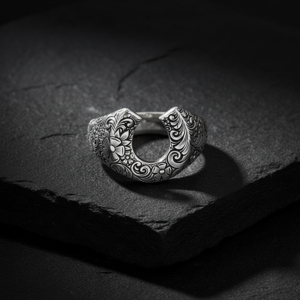 Hand-Engraved Vintage Horse Shoe Oxidized Ring | Sterling Silver 925 Ring