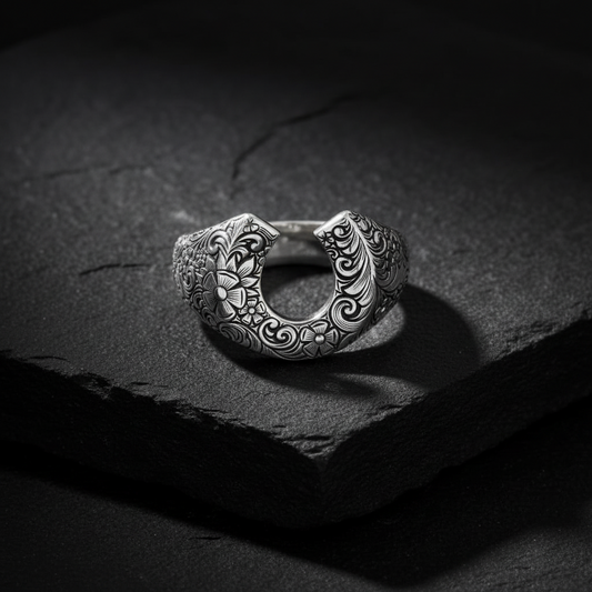 Hand-Engraved Vintage Horse Shoe Oxidized Ring | Sterling Silver 925 Ring