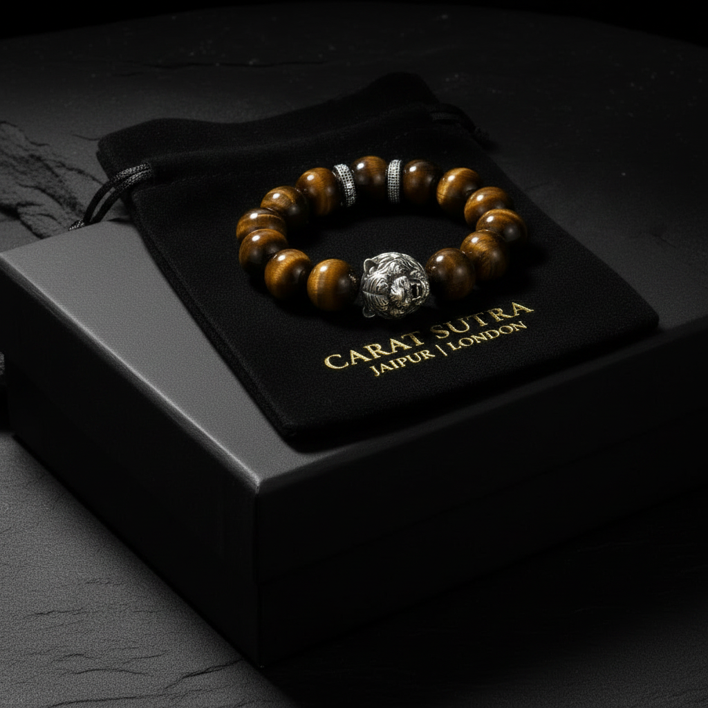Vintage Oxidized Tiger Face Tiger Eye Beads Bracelet | 925 Sterling Silver