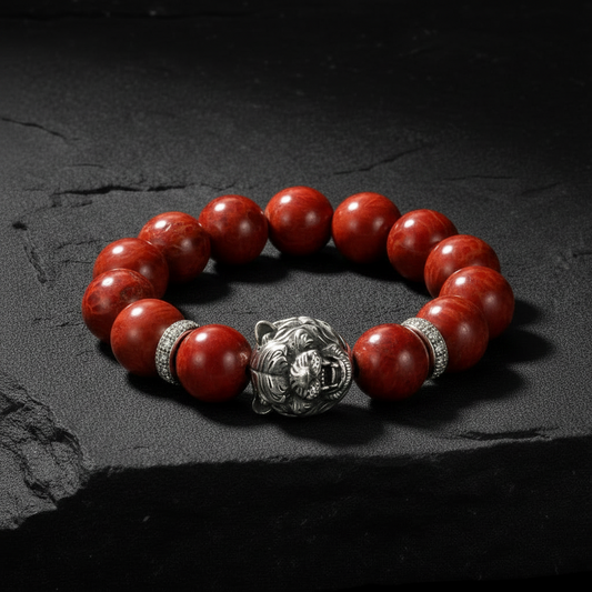 Vintage Oxidized Tiger Face Natural Australian Coral Beads Bracelet | 925 Sterling Silver