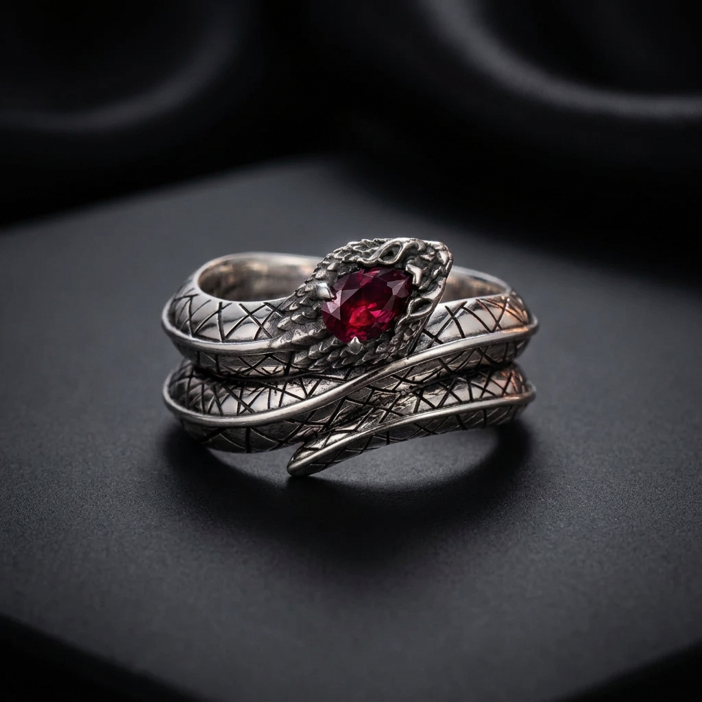 RARE PRINCE by CARAT SUTRA | Adjustable Unique Designed Snake Ring with 3ct Natural Burma Ruby | 925 Sterling Silver Oxidized Ring - caratsutra
