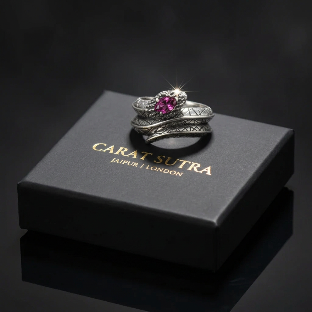 RARE PRINCE by CARAT SUTRA | Adjustable Unique Designed Snake Ring with 3ct Natural Burma Ruby | 925 Sterling Silver Oxidized Ring - caratsutra