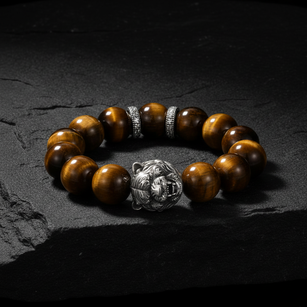 Vintage Oxidized Tiger Face Tiger Eye Beads Bracelet | 925 Sterling Silver