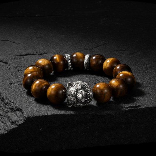 Vintage Oxidized Tiger Face Tiger Eye Beads Bracelet | 925 Sterling Silver