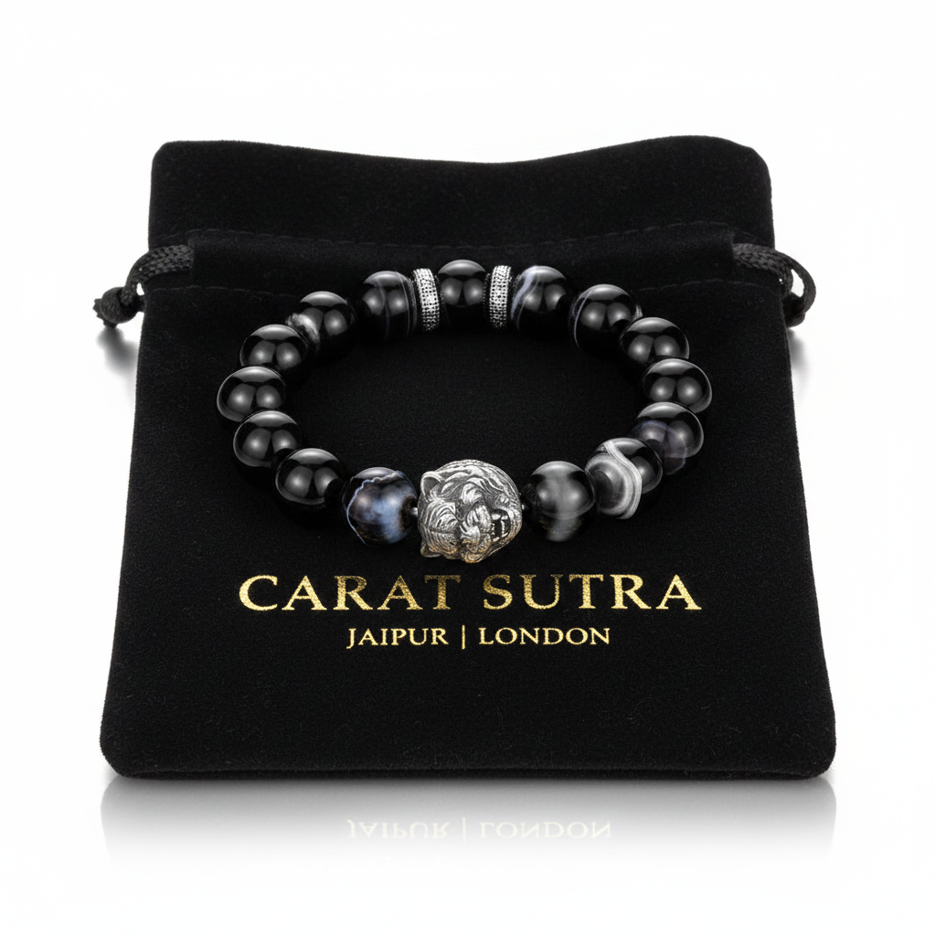 Vintage Oxidized Tiger Face Black Onyx Beads Bracelet | 925 Sterling Silver