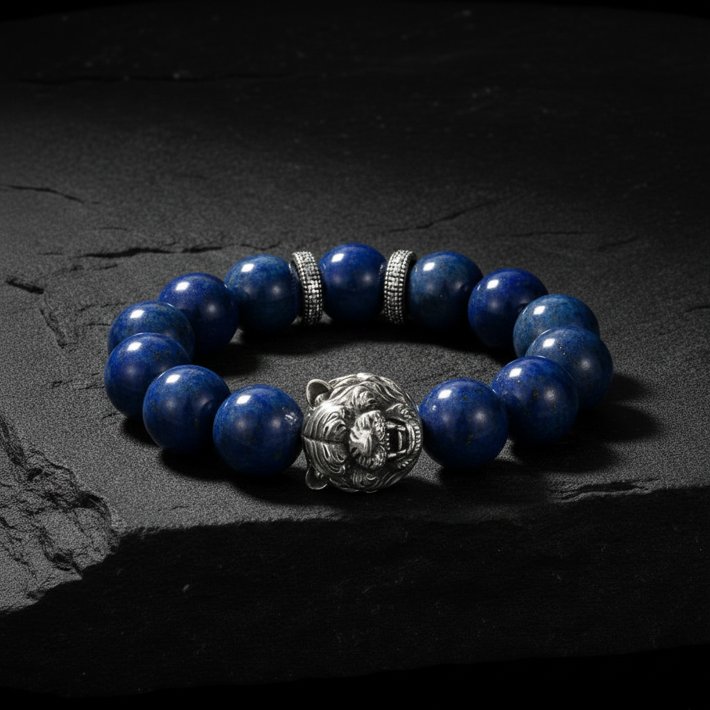 Vintage Oxidized Tiger Face Lapis Lazuli Beads Bracelet | 925 Sterling Silver (Copy)