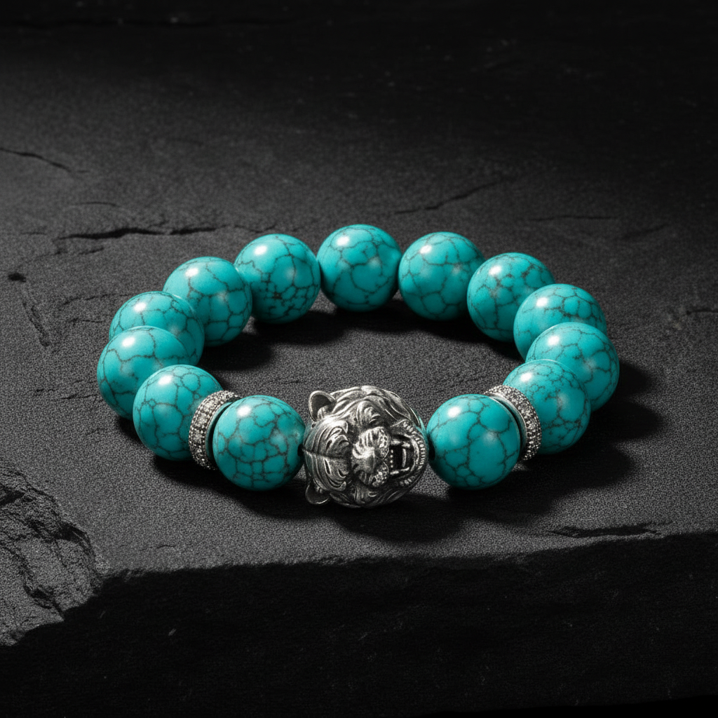 Vintage Oxidized Tiger Face Irani Turquoise Beads Bracelet | 925 Sterling Silver