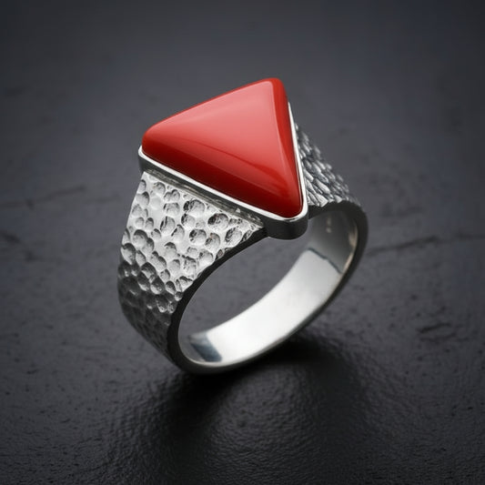 Triangular shaped 12ct Natural Red Coral (Moonga) | 925 Sterling Silver Oxidized Ring | With Certificate of Authenticity and 925 Hallmark - caratsutra