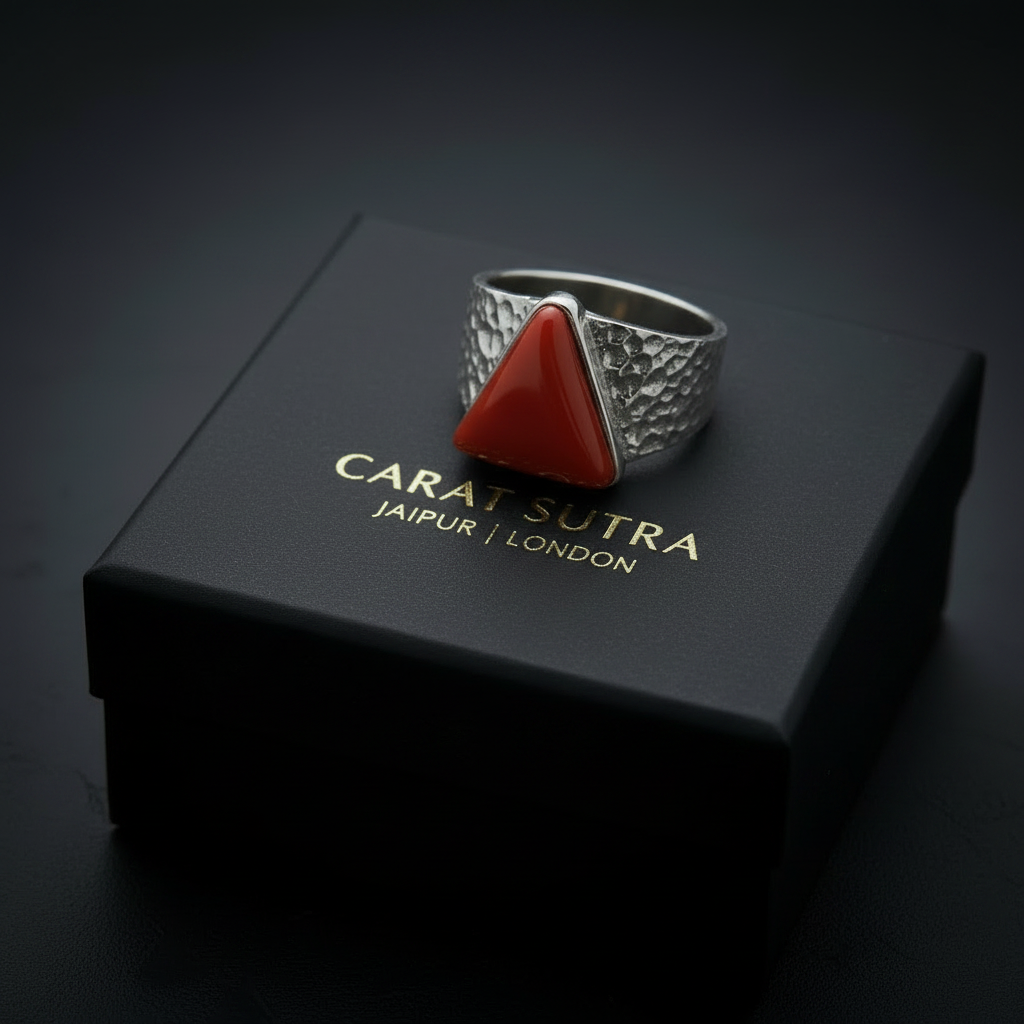 Triangular shaped 12ct Natural Red Coral (Moonga) | 925 Sterling Silver Oxidized Ring | With Certificate of Authenticity and 925 Hallmark
