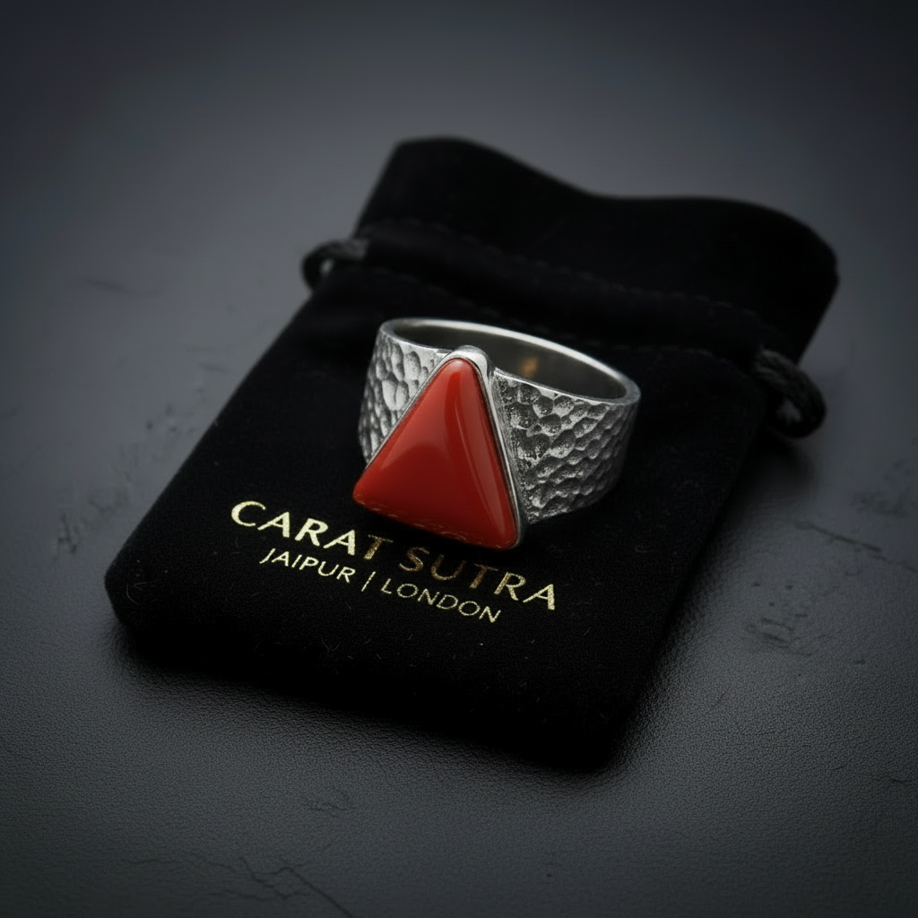 Triangular shaped 12ct Natural Red Coral (Moonga) | 925 Sterling Silver Oxidized Ring | With Certificate of Authenticity and 925 Hallmark