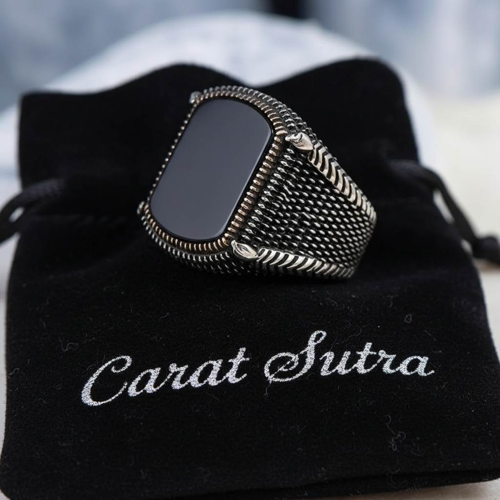 RARE PRINCE by CARAT SUTRA | Unique Turkish Style Ring with Natural Black Onyx | 925 Sterling Silver Oxidized Ring | Men's Jewelry | With Certificate of Authenticity and 925 Hallmark