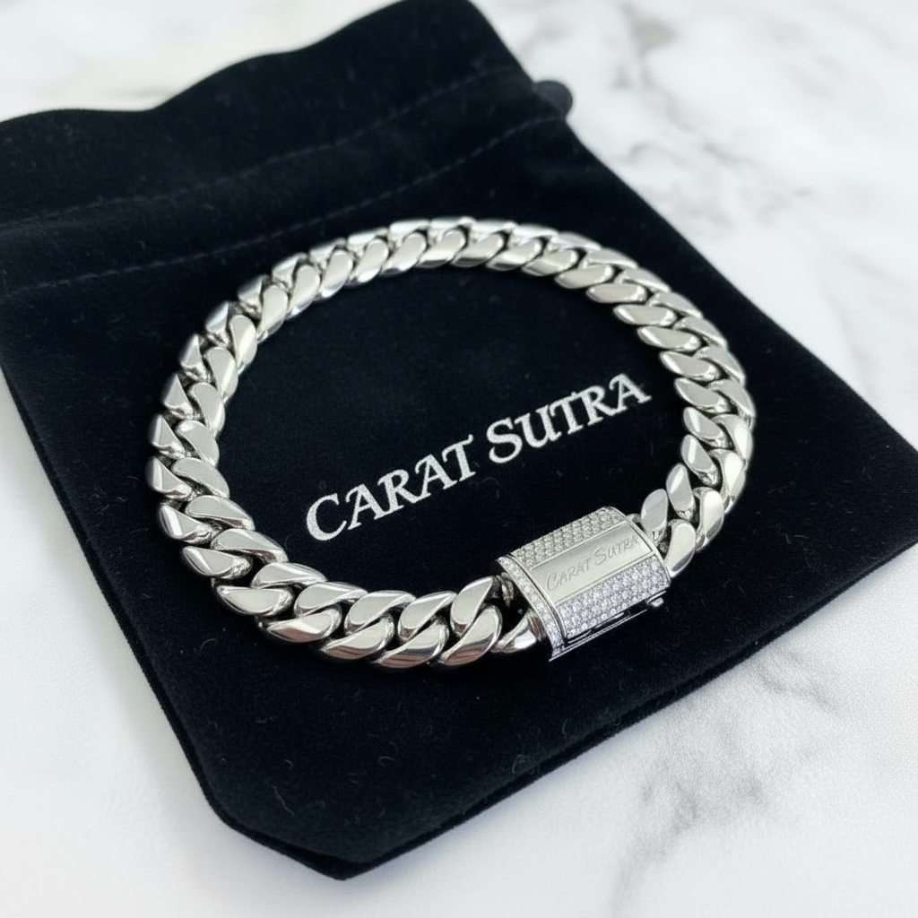 RARE PRINCE by CARAT SUTRA | Solid 10mm Miami Cuban Link Bracelet with Iced Lock | 22kt Gold Micron Plated on 925 Sterling Silver Bracelet with AAA+ Quality Swarovski Diamonds | Men's Jewelry | With Certificate of Authenticity and 925 Hallmark - caratsutra