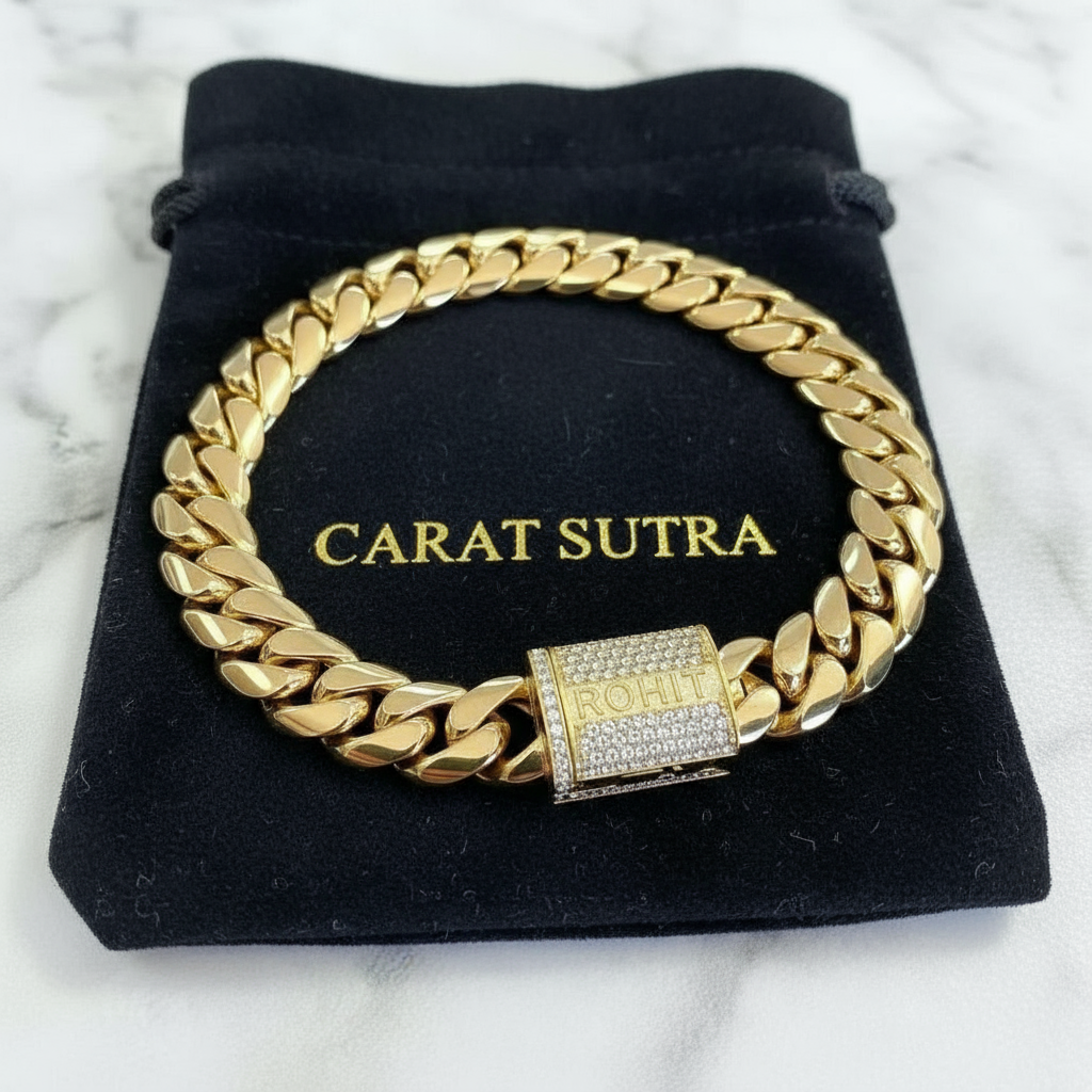 RARE PRINCE by CARAT SUTRA | Solid 14mm Miami Cuban Link Bracelet with Iced Lock | 22kt Gold Micron Plated on 925 Sterling Silver Bracelet with AAA+ Quality Swarovski Diamonds | Men's Jewelry | With Certificate of Authenticity and 925 Hallmark - caratsutra