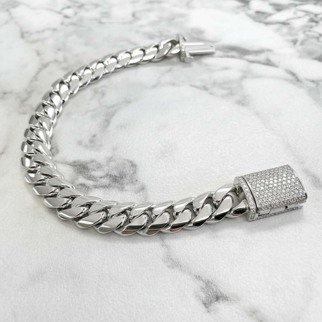 RARE PRINCE by CARAT SUTRA | Solid 14mm Miami Cuban Link Bracelet with Iced Lock | 22kt Gold Micron Plated on 925 Sterling Silver Bracelet with AAA+ Quality Swarovski Diamonds | Men's Jewelry | With Certificate of Authenticity and 925 Hallmark - caratsutra