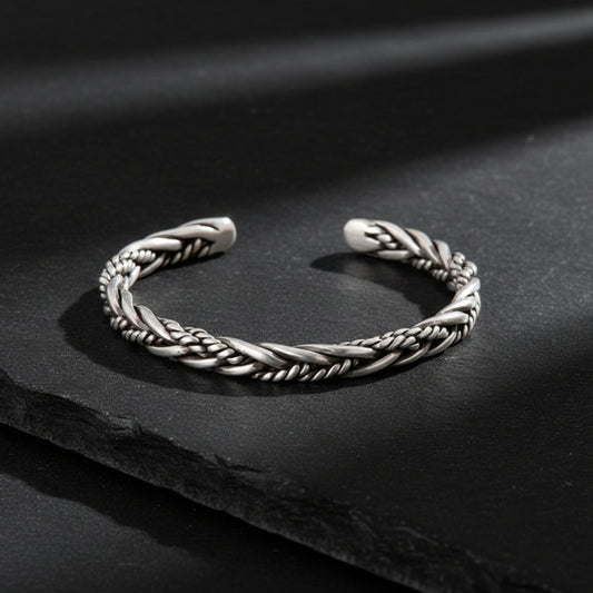 Handwoven Rope bangle | Matt / Shiny Finish Adjustable Cuff Style Bangle / kadaa | 925 Sterling Silver - caratsutra