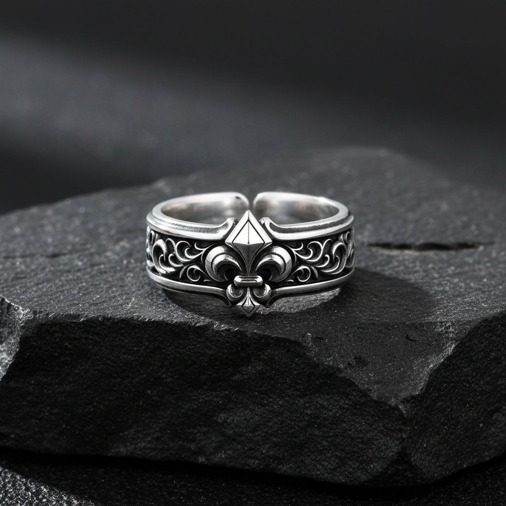 Exclusive Fleur de Lis Symbol Band Ring for Men, Oxidized Sterling Silver 925 Ring