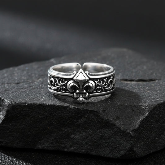 Exclusive Fleur de Lis Symbol Band Ring for Men, Oxidized Sterling Silver 925 Ring