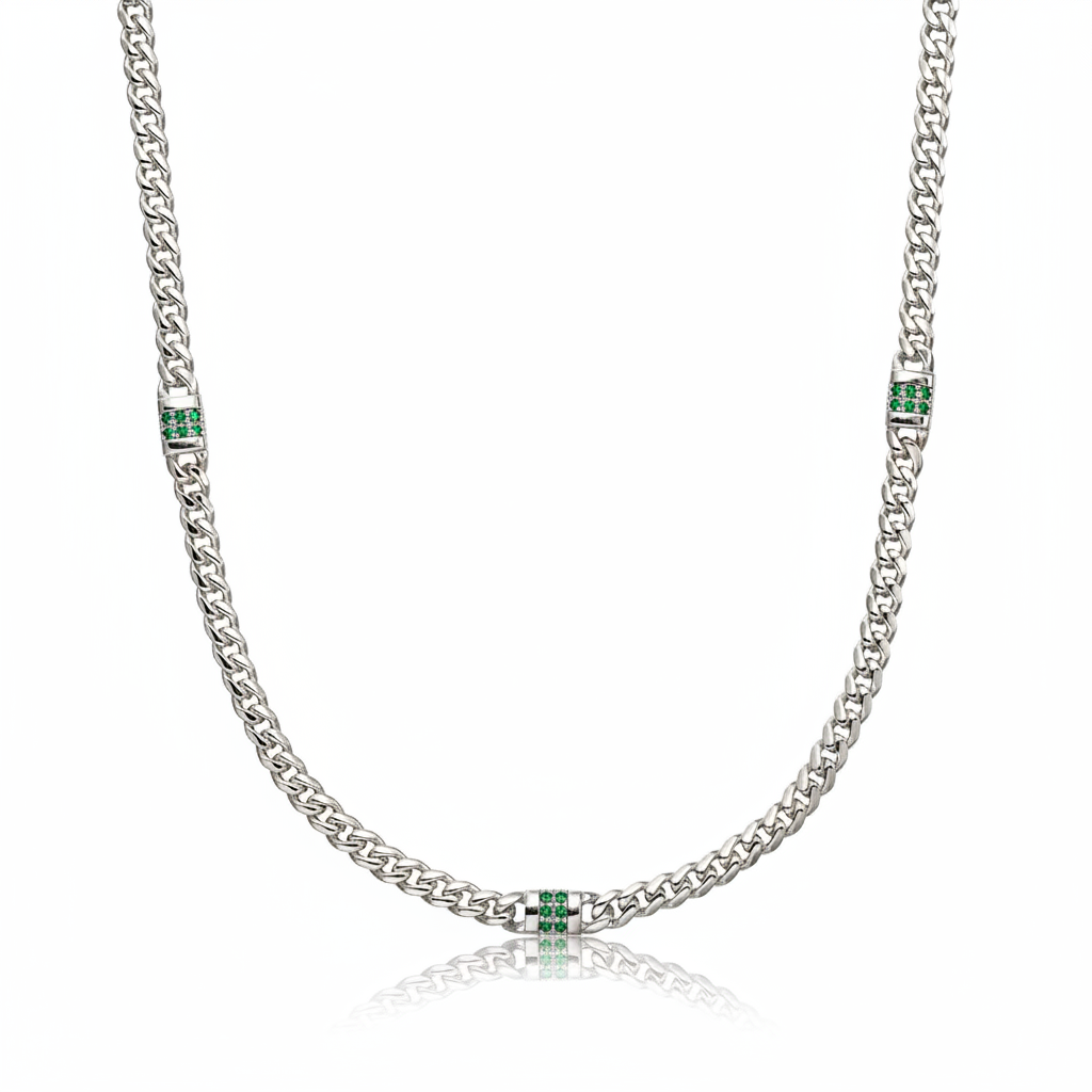 RARE PRINCE by CARAT SUTRA | Minimalist Solid 4mm Cuban Link Chain studded with Natural Emeralds | 925 Sterling Silver Chain | With Certificate of Authenticity and 925 Hallmark