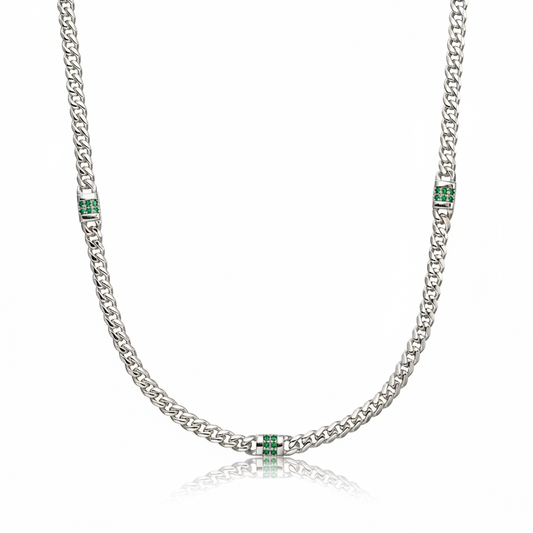 RARE PRINCE by CARAT SUTRA | Minimalist Solid 4mm Cuban Link Chain studded with Natural Emeralds | 925 Sterling Silver Chain | With Certificate of Authenticity and 925 Hallmark - caratsutra
