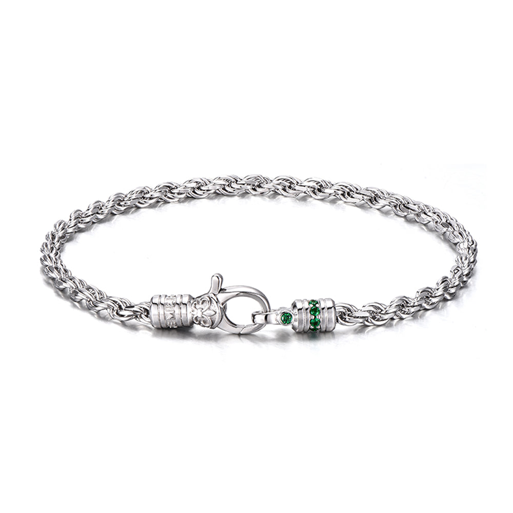 3.5mm IRIS Rope Bracelet | 925 Sterling Silver Bracelet, studded with Real mini Emeralds | With Certificate of Authenticity and 925 Hallmark
