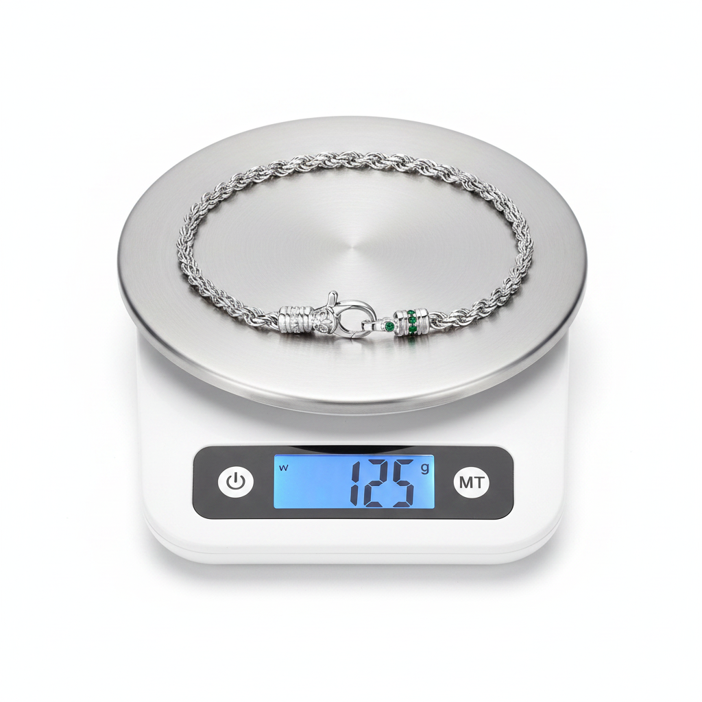 3.5mm IRIS Rope Bracelet | 925 Sterling Silver Bracelet, studded with Real mini Emeralds | With Certificate of Authenticity and 925 Hallmark