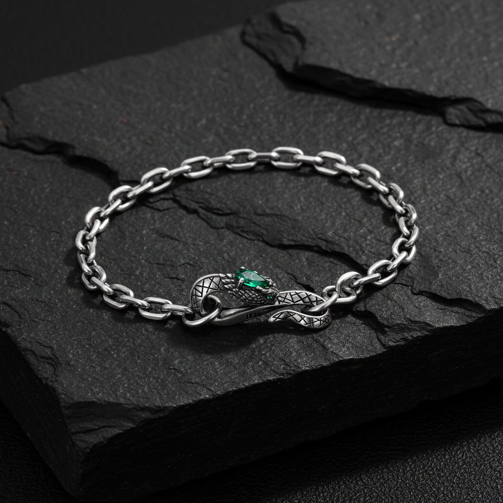 Adjustable 3D Snake Bangle Bracelet with Natural Emerald Stone Eyes | 925 Sterling Silver