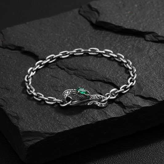 Adjustable 3D Snake Bangle Bracelet with Natural Emerald Stone Eyes | 925 Sterling Silver