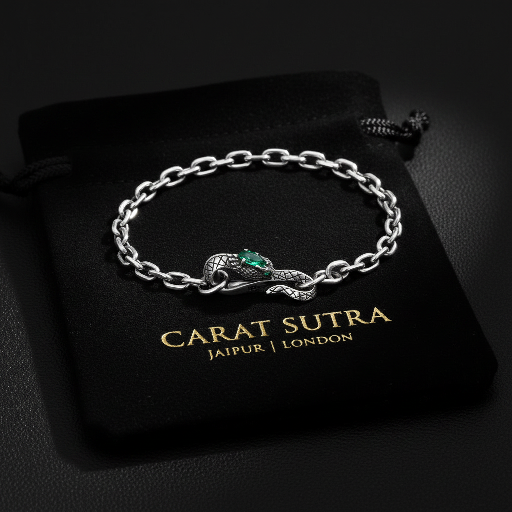 Adjustable 3D Snake Bangle Bracelet with Natural Emerald Stone Eyes | 925 Sterling Silver