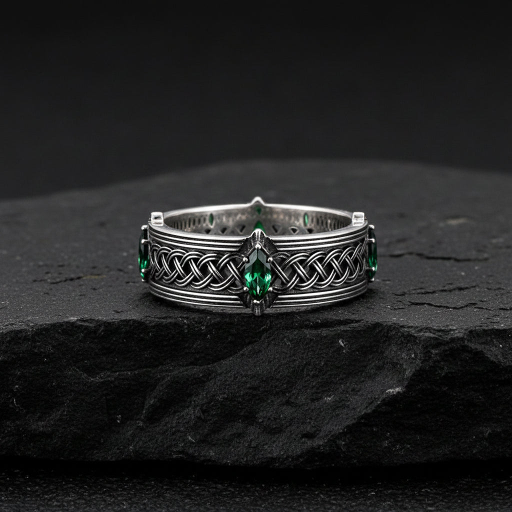 Vintage Celtic Knot Band studded with 4 Marquise Shaped Natural Emerald, Oxidized Sterling Silver 925 Ring