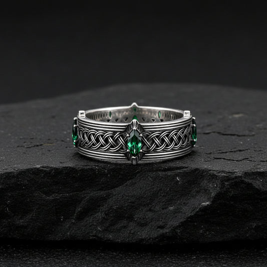 Vintage Celtic Knot Band studded with 4 Marquise Shaped Natural Emerald, Oxidized Sterling Silver 925 Ring