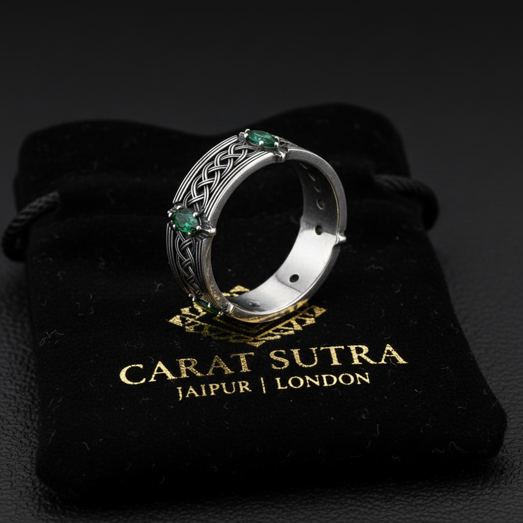 Vintage Celtic Knot Band studded with 4 Marquise Shaped Natural Emerald, Oxidized Sterling Silver 925 Ring