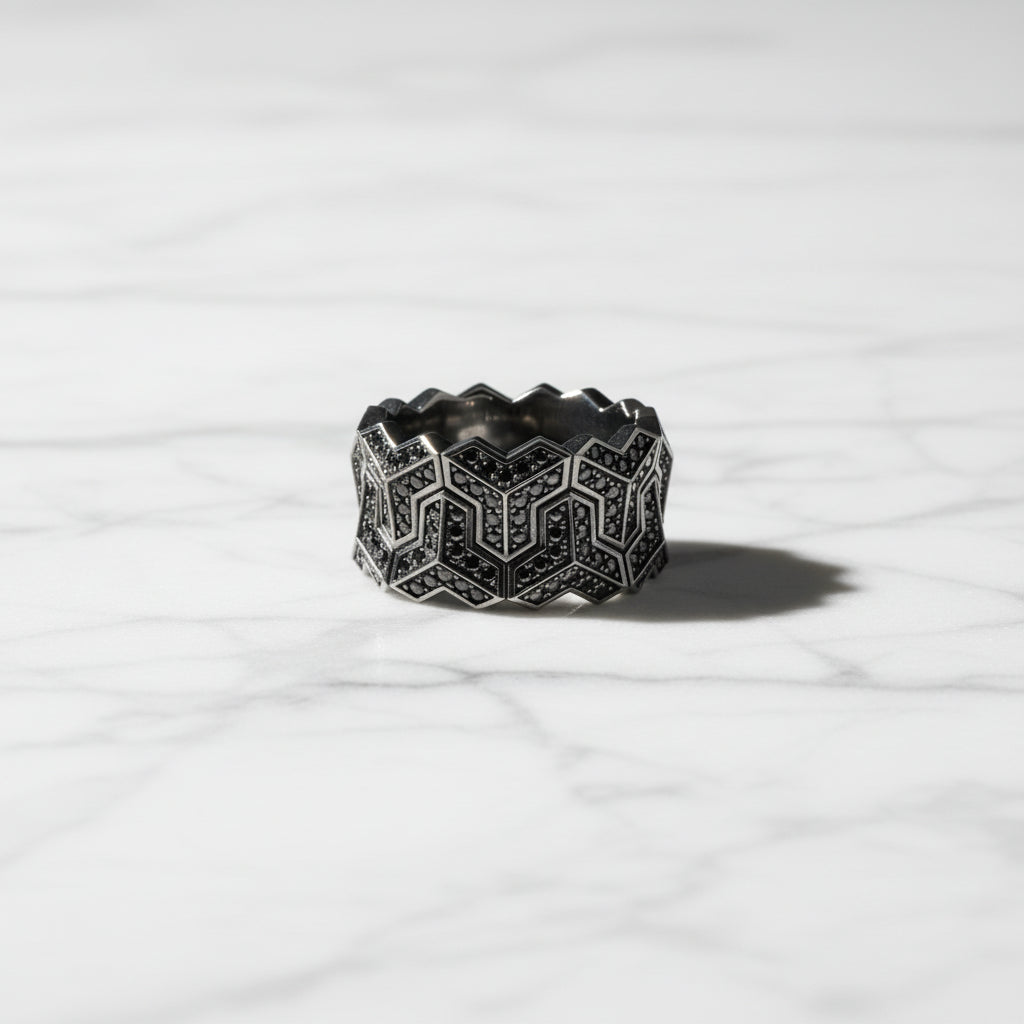 Black Rhodium coated, Armour Silver Band | 925 Sterling Silver Ring, studded with Black Swarovski stones