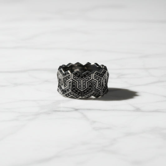 Black Rhodium coated, Armour Silver Band | 925 Sterling Silver Ring, studded with Black Swarovski stones