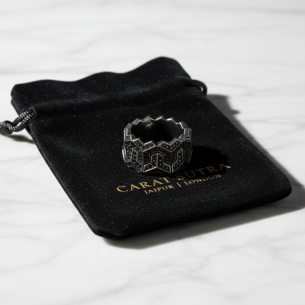Black Rhodium coated, Armour Silver Band | 925 Sterling Silver Ring, studded with Black Swarovski stones
