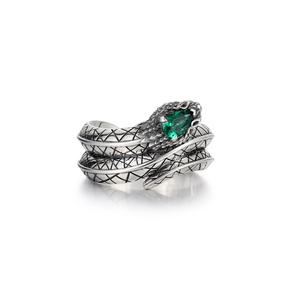 RARE PRINCE by CARAT SUTRA | Adjustable Unique Designed Snake Ring with Natural Emerald | 925 Sterling Silver Oxidized Ring | With Certificate of Authenticity and 925 Hallmark