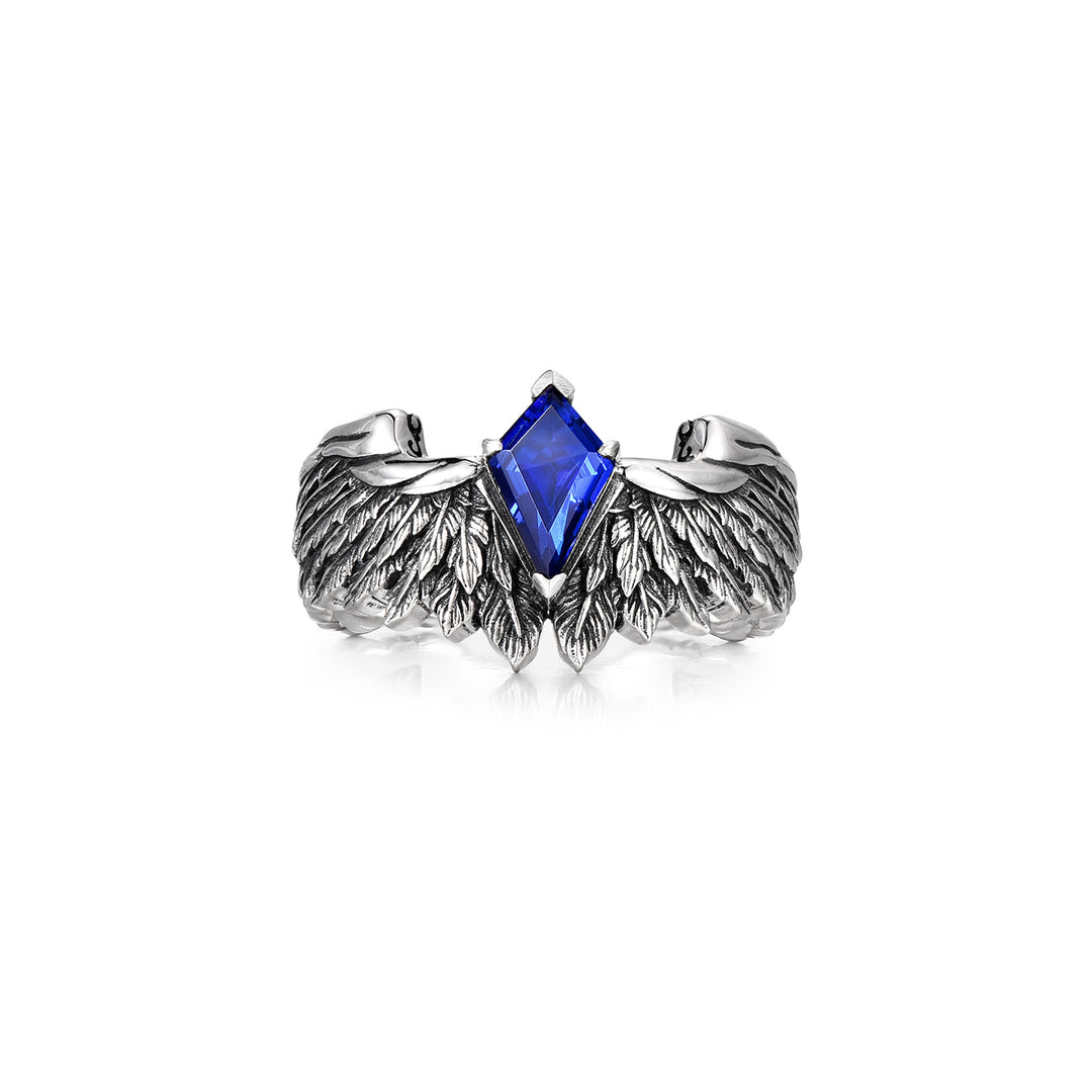 RARE PRINCE by CARAT SUTRA | Exclusive Adjustable Feather Band studded with Natural Blue Sapphire, Oxidized Sterling Silver 925 Ring | With Certificate of Authenticity and 925 Hallmark