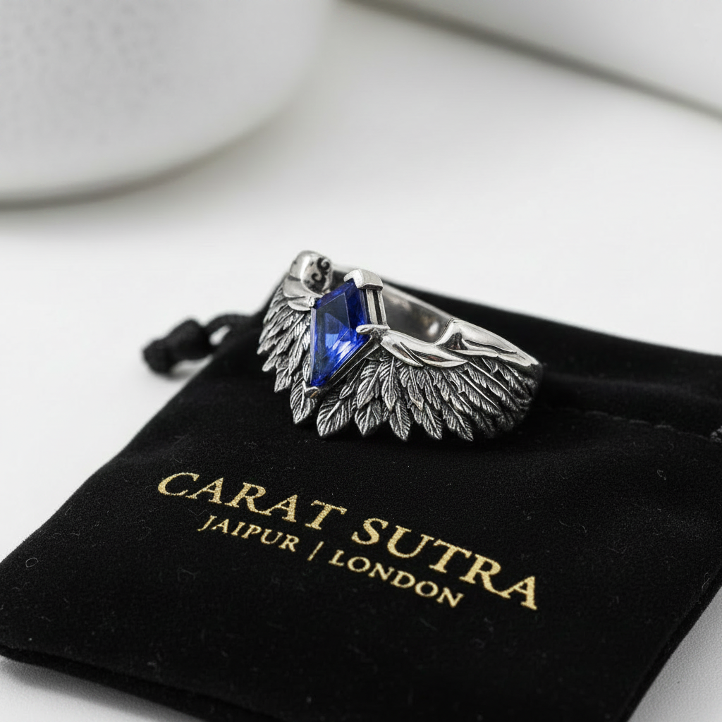 RARE PRINCE by CARAT SUTRA | Exclusive Adjustable Feather Band studded with Natural Blue Sapphire, Oxidized Sterling Silver 925 Ring | With Certificate of Authenticity and 925 Hallmark