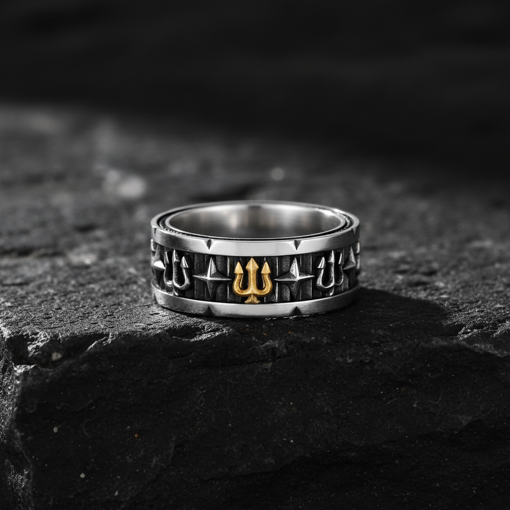 Exclusive Trishul Symbol Band Ring for Men, Oxidized Sterling Silver 925 Ring