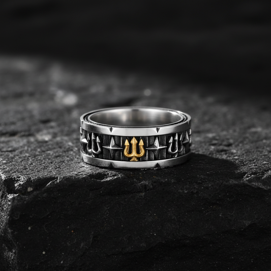 Exclusive Trishul Symbol Band Ring for Men, Oxidized Sterling Silver 925 Ring