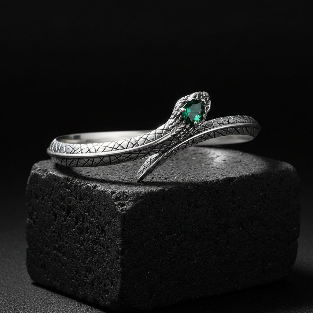 Adjustable 3D Snake Bangle Bracelet with Natural Emerald Stone Eyes | 925 Sterling Silver