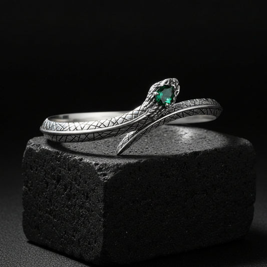 Adjustable 3D Snake Bangle Bracelet with Natural Emerald Stone Eyes | 925 Sterling Silver