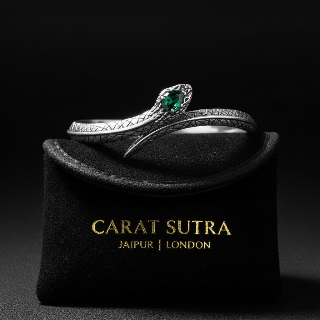 Adjustable 3D Snake Bangle Bracelet with Natural Emerald Stone Eyes | 925 Sterling Silver